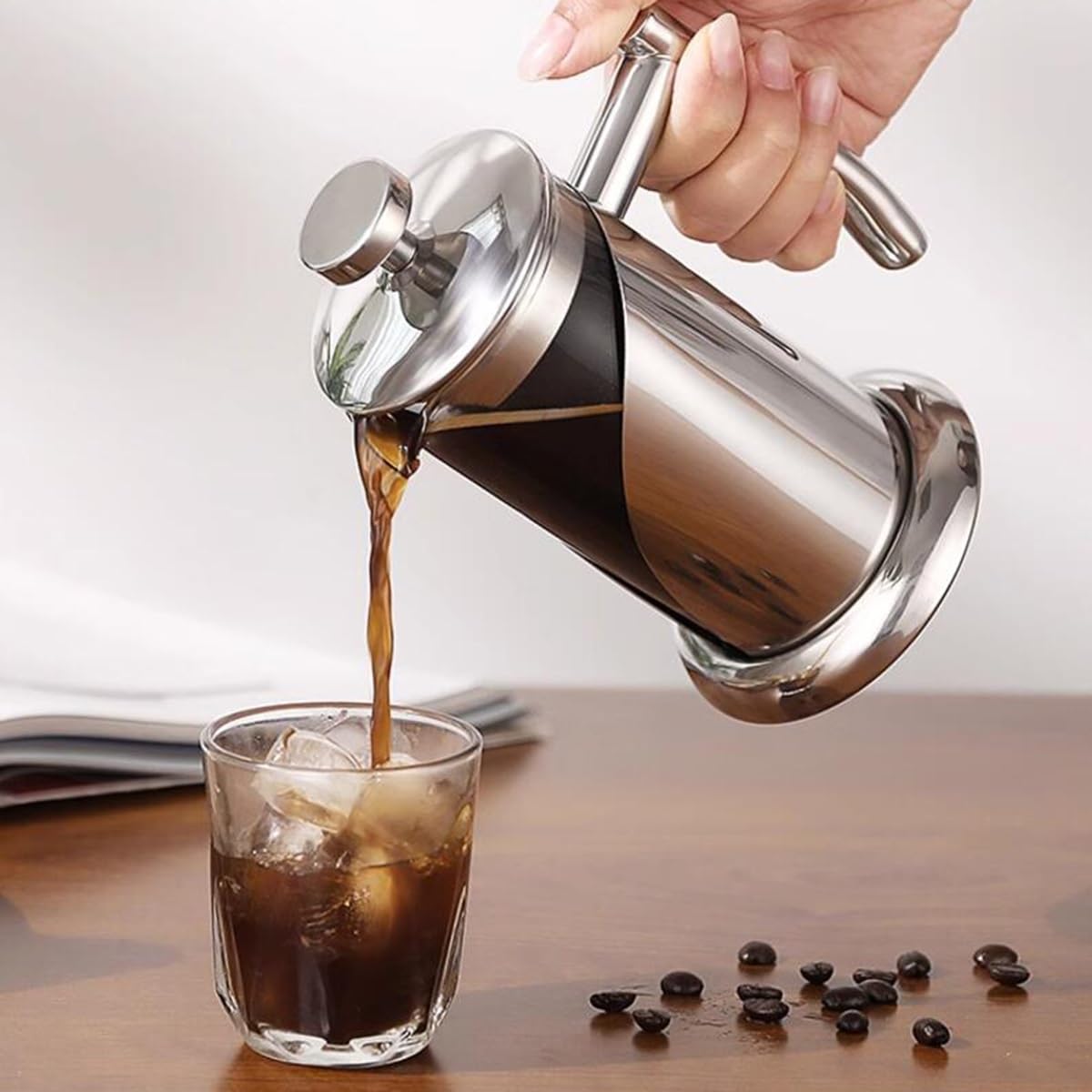 Zaparzacz do kawy French Press z systemem 3 filtrów, odporny na ciepło, gruby, ze szkła borokrzemianowego, ze stali nierdzewnej, do parzenia kawy i herbaty na zimno, łatwy do czysz