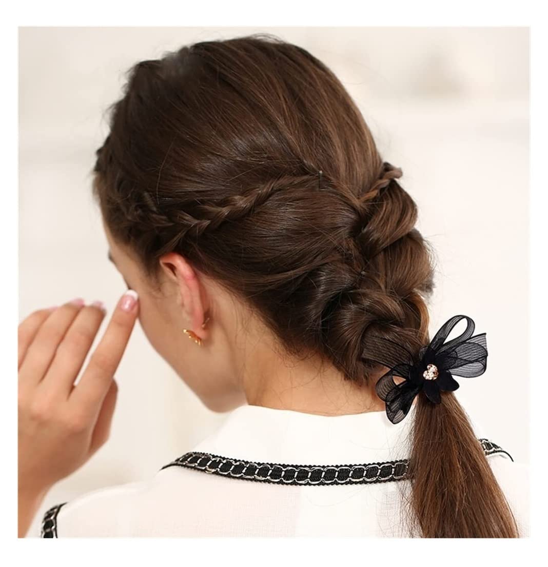 Dekoracja Do WłOsóW Mesh Flower Hair Ring Wiązana Lina Do Włosów Wstążka Stroik Kucyk Akcesoria Nadaje Się Na Wiele Okazji(Black)