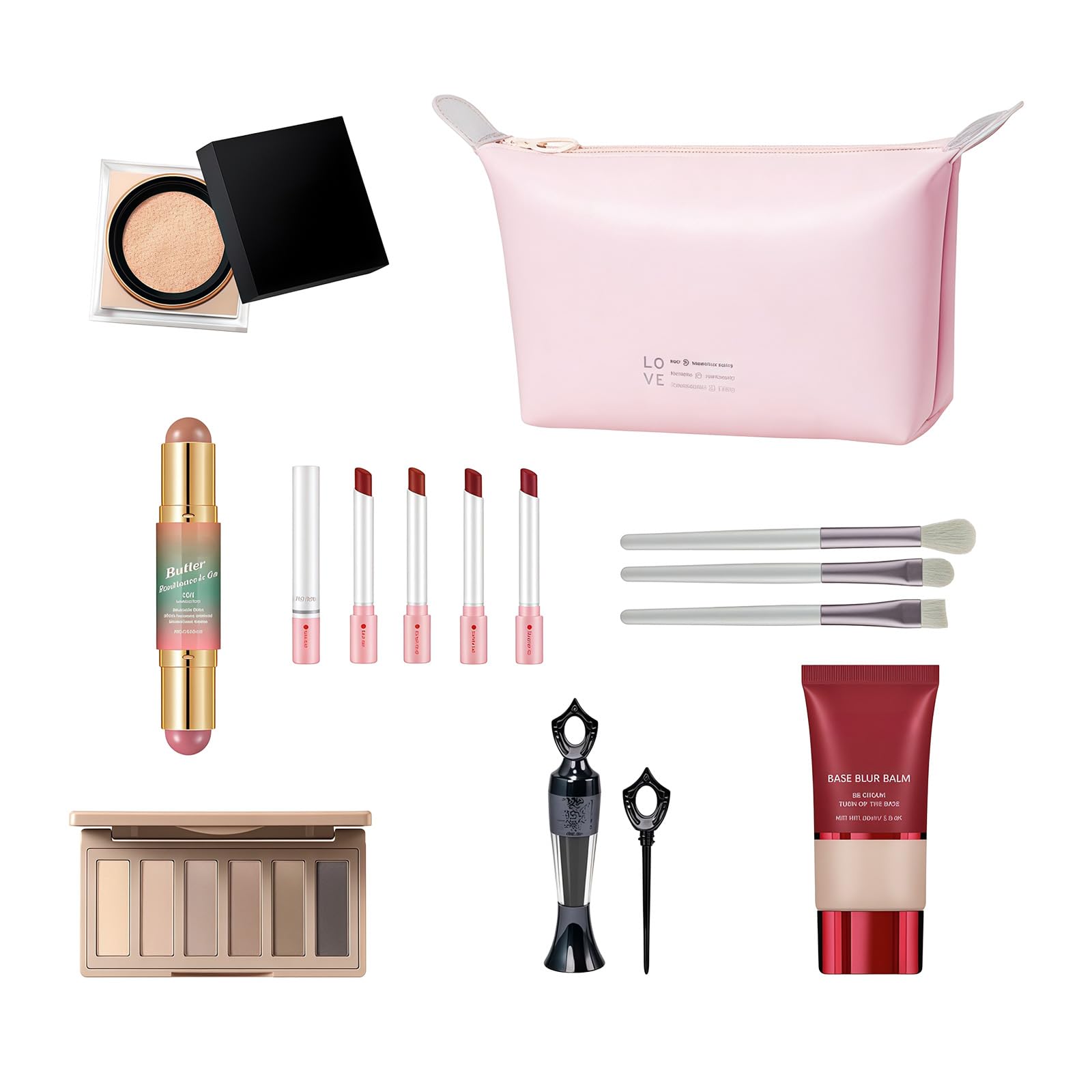Kit di trucco da viaggio completo con bastoncino di burro in polvere e 6 ombretti, per un'applicazione rapida in viaggio, set cosmetico multiuso