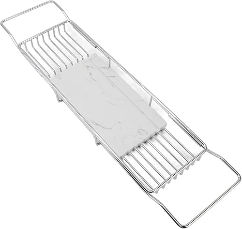 Qinlorgo Bandeja de bañera moderna de acero inoxidable con diseño de mármol, multifuncional, expandible, estante para tina de cumpleaños de mujeres