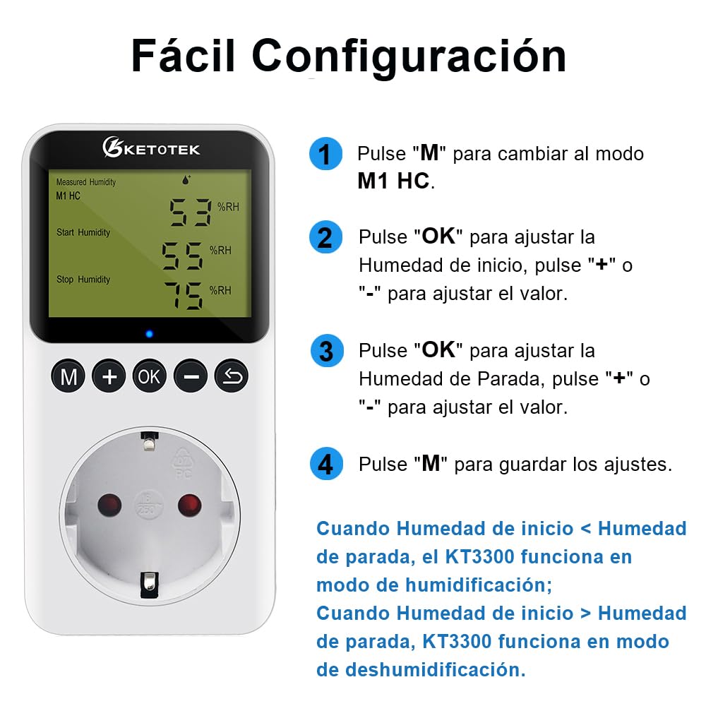 KETOTEK Enchufe con Higrostato Digital con Sonda 220V Controlador de Humedad mit Countdown-Funktion para Terrario Reptil Invernadero Incubadora Humidificador Deshumidificador