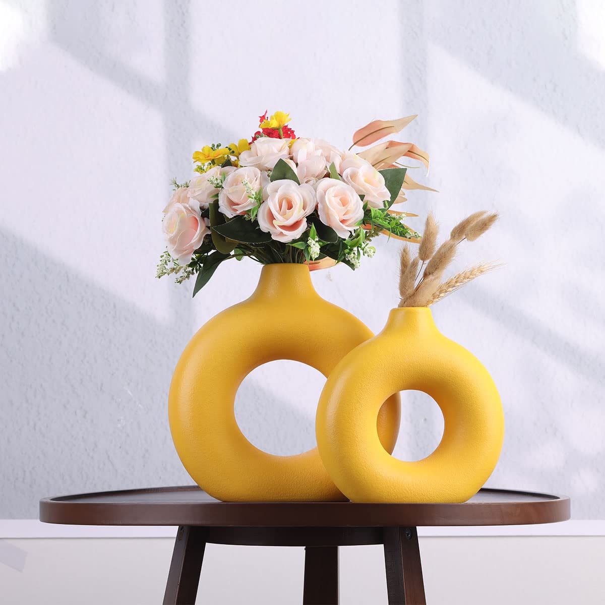 Set di 2 vasi in ceramica gialla, vasi gialli per la decorazione della casa, vasi rotondi bohémien per erba della pampa e fiori, soggiorno, camera da letto, tavolino, camino, fattoria e centrotavola