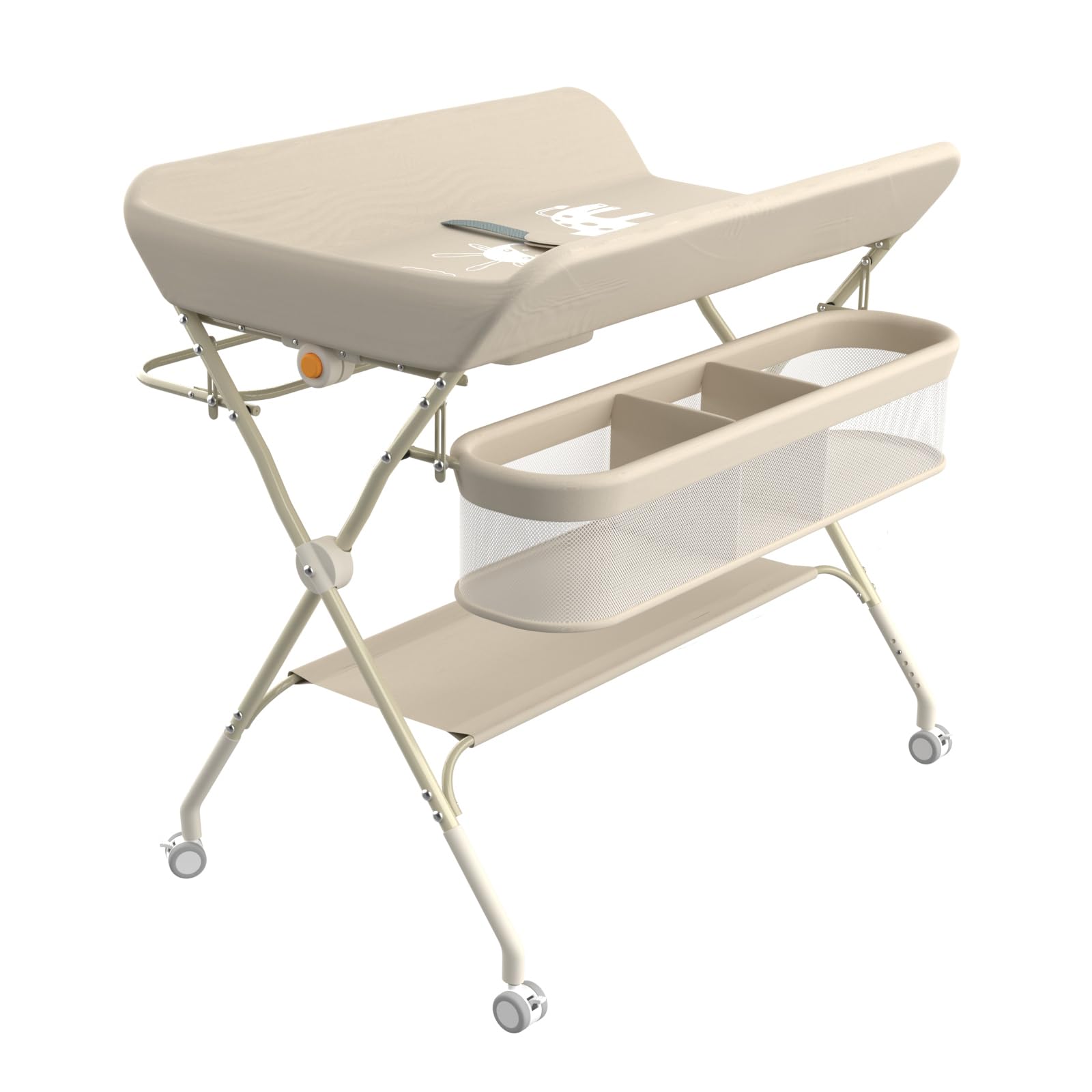 Wickeltisch, 3-in-1, Wickelkommode für Baby, von Geburt bis 12 Monate (bis 25 kg), Wickeltisch, faltbar, tragbar, Wickeltisch für Babys, mit 4 Rollen,75 x 68 x 83–91 cm (Cremeweiß)