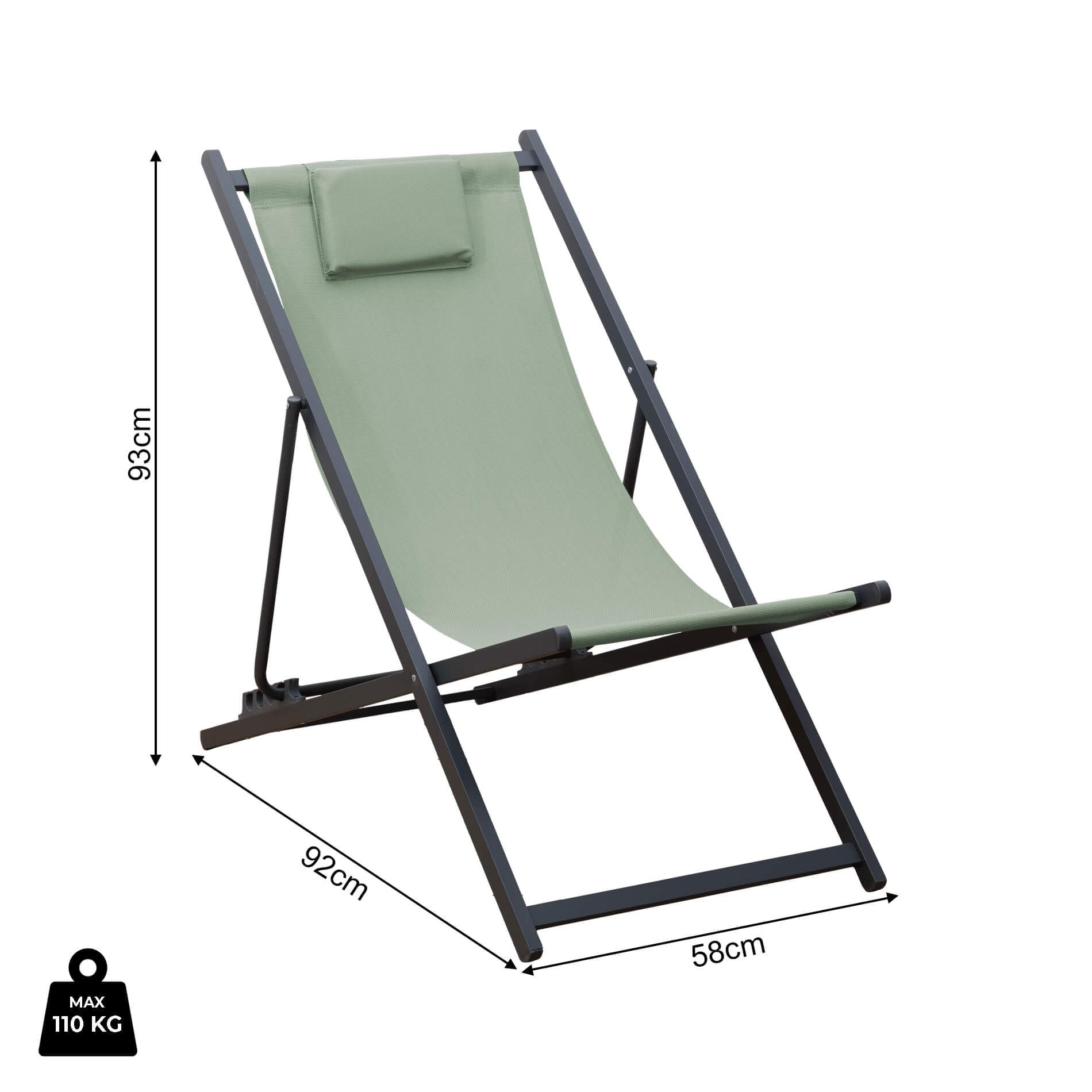 Rebecca Mobili Sdraio da Campeggio, Sedia a Sdraio Pieghevole, Verde Grigio Scuro, Alluminio Poliestere, Schienale Reclinabile, Salvaspazio - Misure HxLxP: 93 x 58 x 92 cm - Art. RE7145
