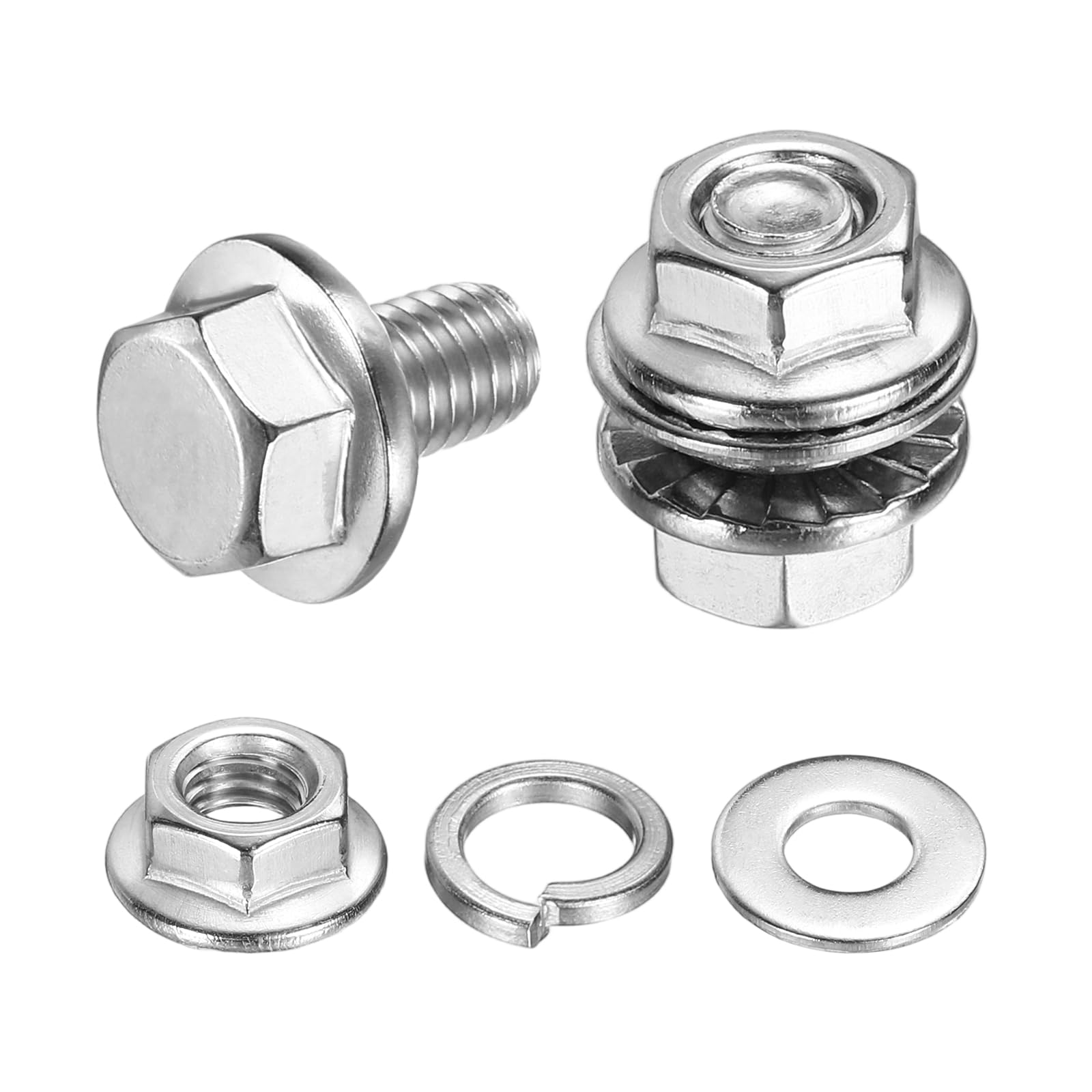 sourcing map M5 x 8mm Phillips Flanged Hex Head Bolts, 10Pcs 304 Stainless Steel Flange Hexagon Screws with Nuts, Flat & Lock Washers, Fully Threaded, for Machinery Industry Home, Silver