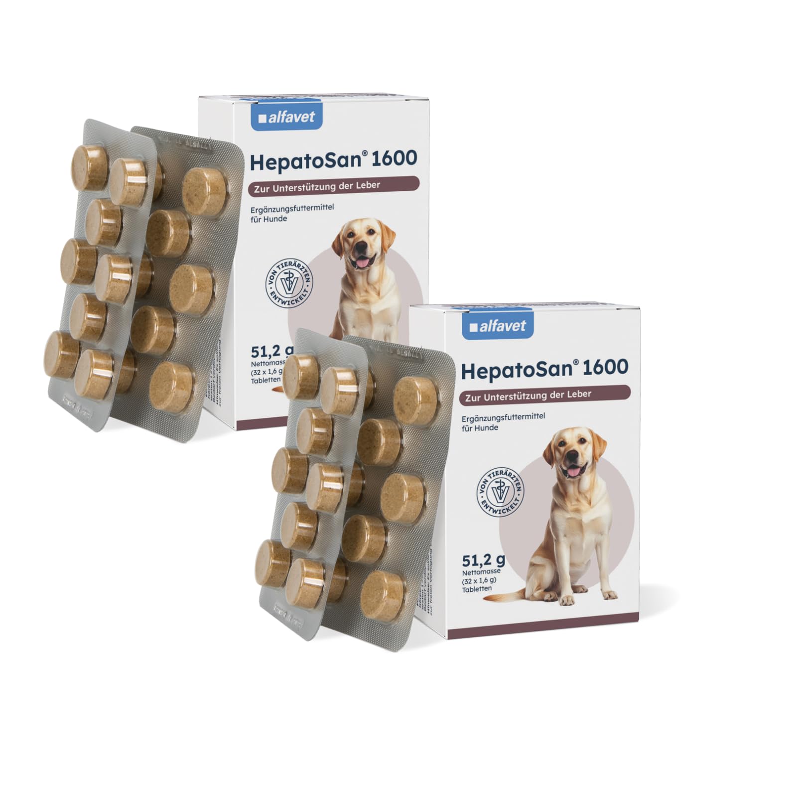 Alfavet HepatoSan 1600 | Doppelpack | 2 x 32 Tabletten | Ergänzungsfuttermittel für größere Hunde | Zur Unterstützung der Leberfunktion bei chronischer Leberinsuffizienz