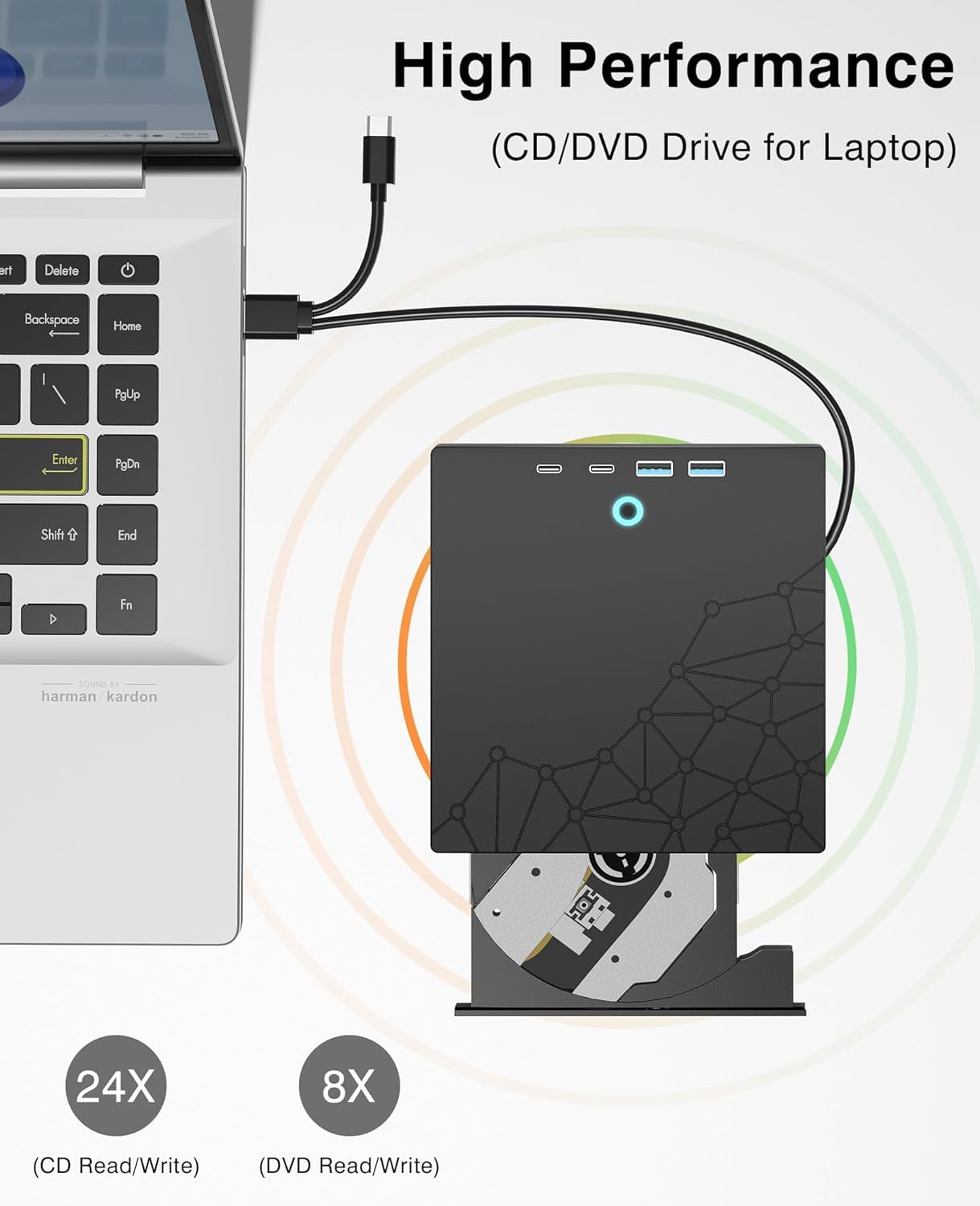 Unidad externa de CD/DVD para portátil, grabadora de DVD para laptop, 8 en 1, USB 3.0, reproductores de CD portátiles con puertos SD/TF, unidad de disco externa óptica para MacBook Windows 11