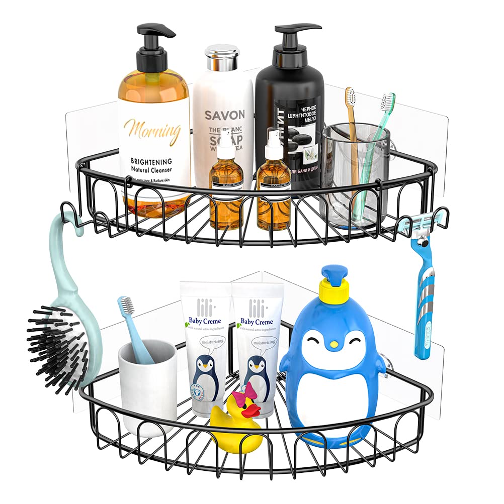 Orimade Adhesive Corner Shower Caddy Shelf with 2 Movable Hooks Wall Mounted Bathroom Storage Kitchen Organiser Rack No Drilling SUS304 Stainless Steel - 2 Pack(Black)