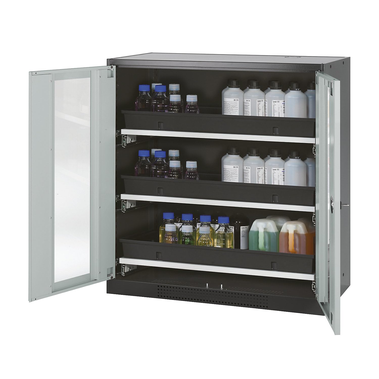 asecos | Armoire de Laboratoire pour Produits Chimiques | 2 Portes | mi-Hauteur | 3 tablettes coulissantes | avec vitre | Gris