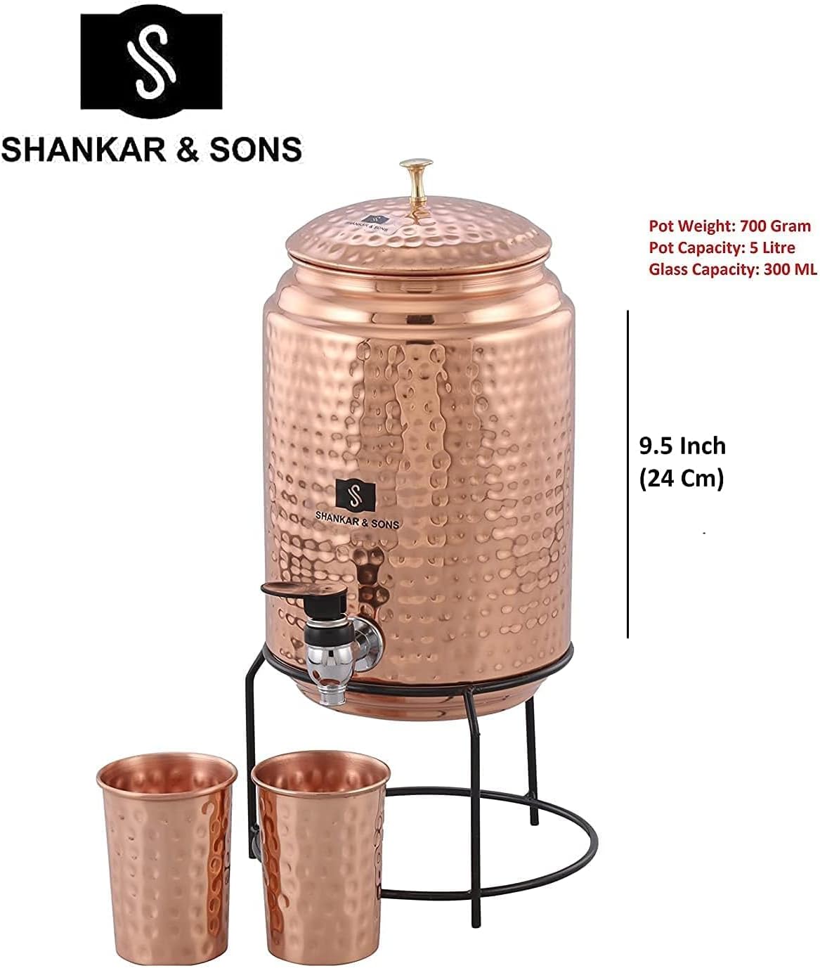 SHANKAR & SONS 5 Litre Copper Water Dispenser with Stand and 2 Glasses | BPA Free, Non-Toxic | Hammered Texture, Rustproof & Durable | with Added Health Benefits of Copper