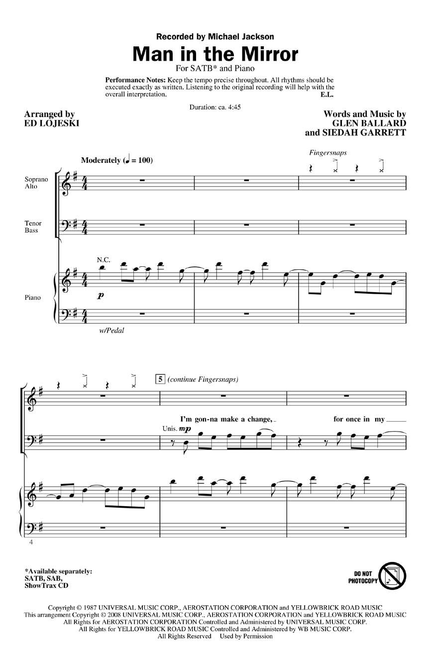 Hal Leonard Man in the Mirror SATB by Michael Jackson arranged by Ed Lojeski Sheet music
