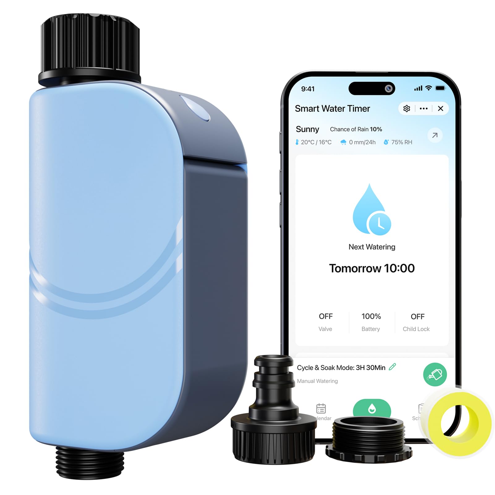 Ordinateur d'irrigation WiFi : WiFi Direct, IP65 étanche à la poussière et à l'eau, 4 piles, plusieurs modes d'arrosage avec minuterie ou dosage, journal d'irrigation, pour jardin, pelouse