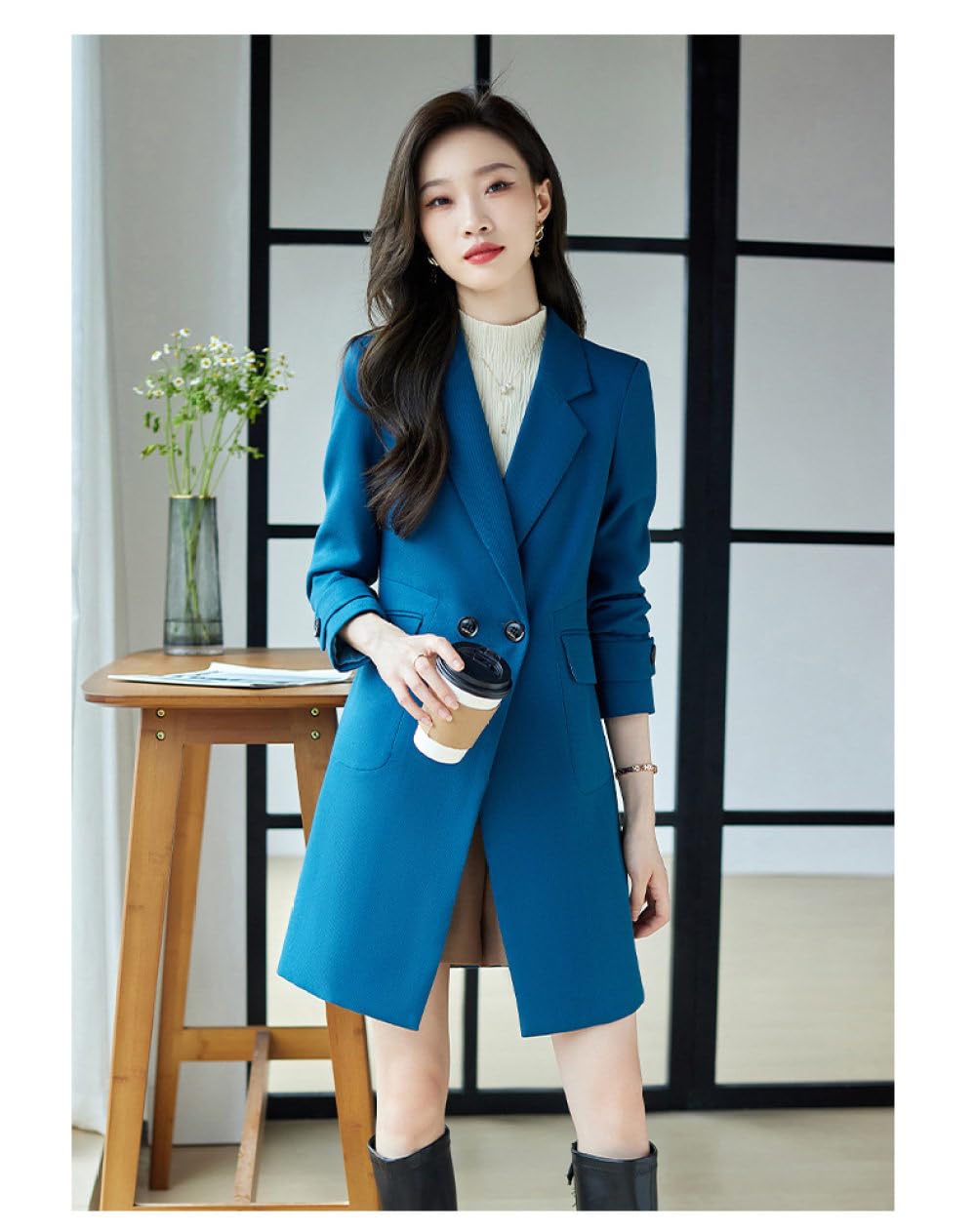Mittellanger Slim Fit Blazer Für Damen,Blau,Nothced Revers Zweireiher Blazer,Modisch,Langärmelig,Herbst Übergangsjacke,Elegante Büro Oberbekleidung Mit Taschen