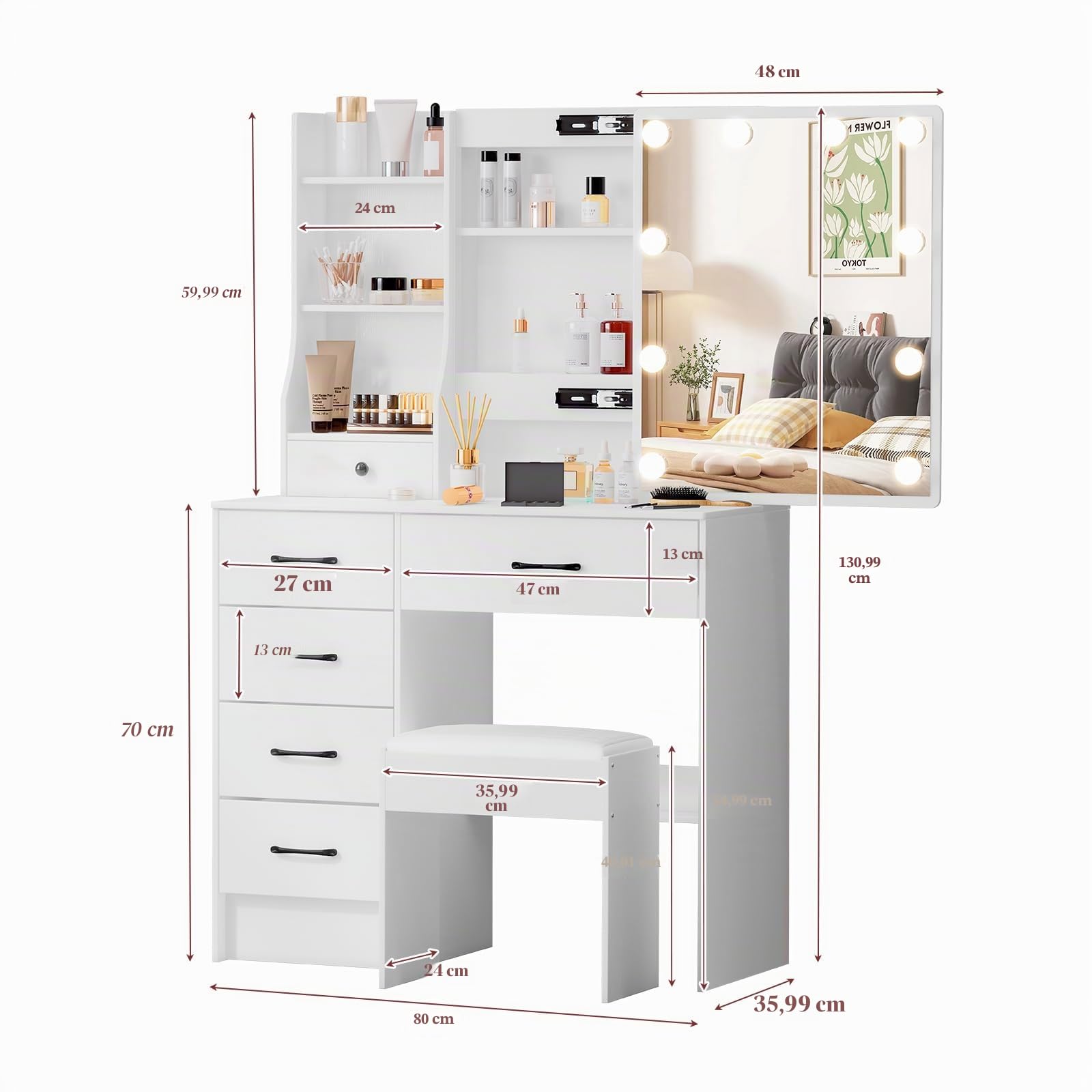 Postazione Trucco con Sgabello e Specchio, Toilette Trucco con Luci, Luminosità regolabile, Toletta da Trucco con 6 Cassetti, 6 Ripiani, Bianco 36x80x131cm, H010656