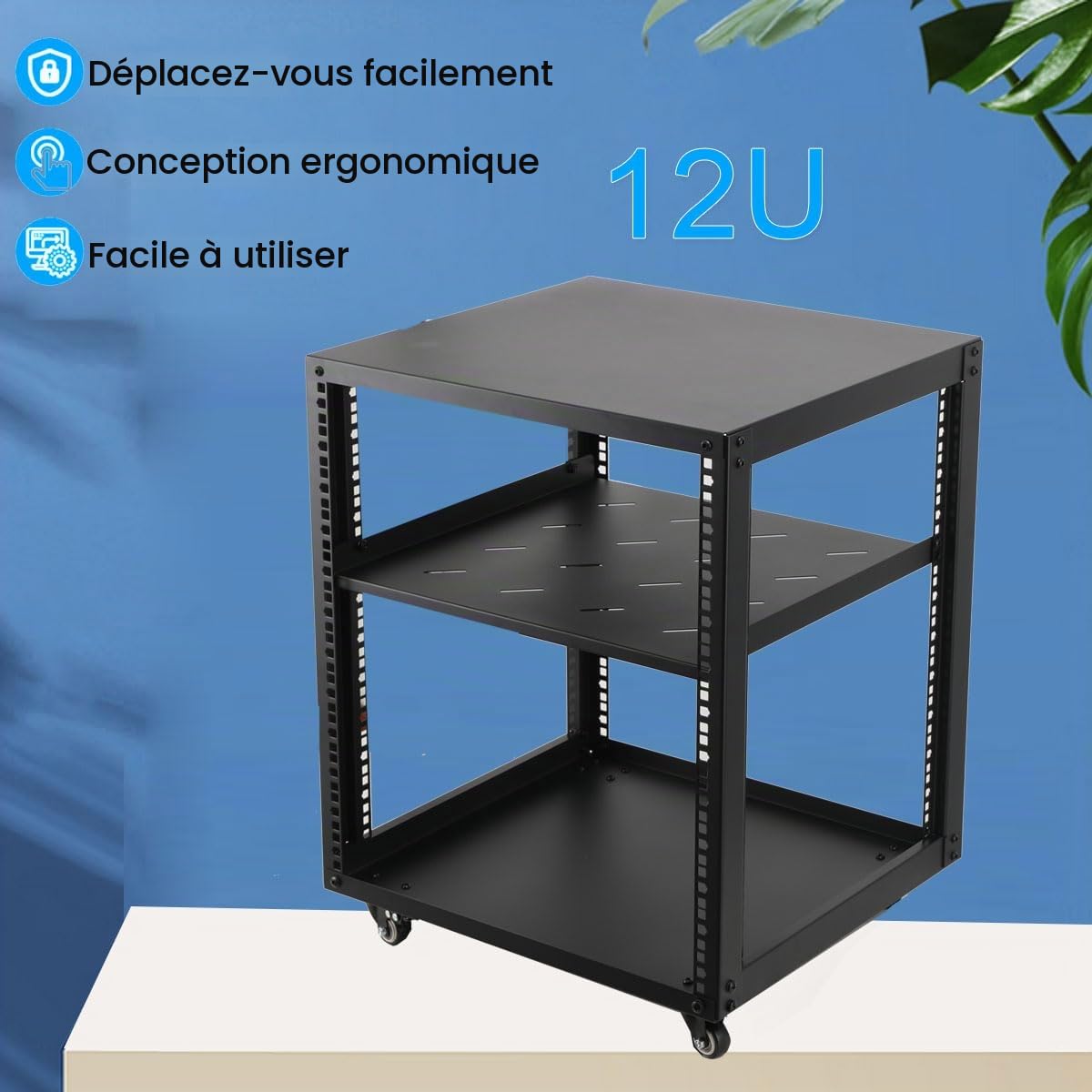 Rack de Serveur à Cadre Ouvert 12U Support de Serveur réseau autoportant, Universal 19 Pouces Rack Serveur Mobile avec 4 Roues pour équipement IT/réseau