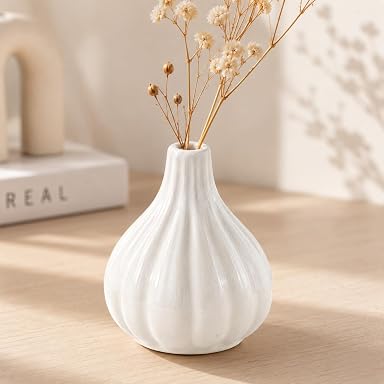 SPHINX Ceramic Bud Vase for Flowers & Pampas Grass | Modern Nordic Flower Vase for Living Room, Dining Table, Shelf, Office & Home Decor (No flowers)- (Garlic Bud Vase White)
