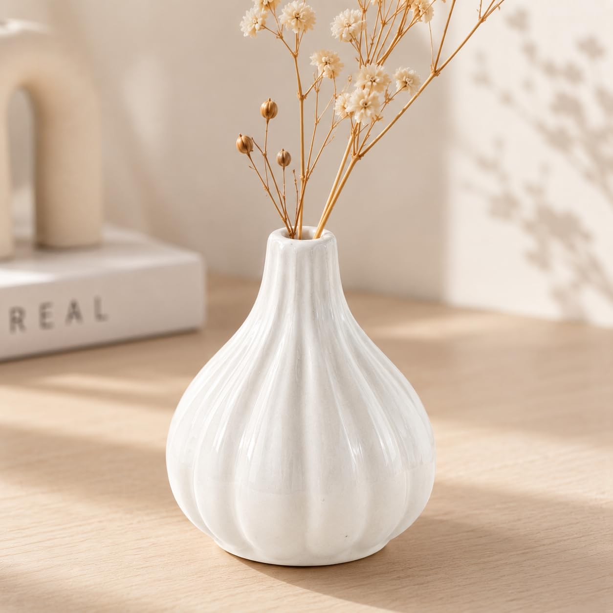 SPHINX Ceramic Bud Vase for Flowers & Pampas Grass | Modern Nordic Flower Vase for Living Room, Dining Table, Shelf, Office & Home Decor (No flowers)- (Garlic Bud Vase White)