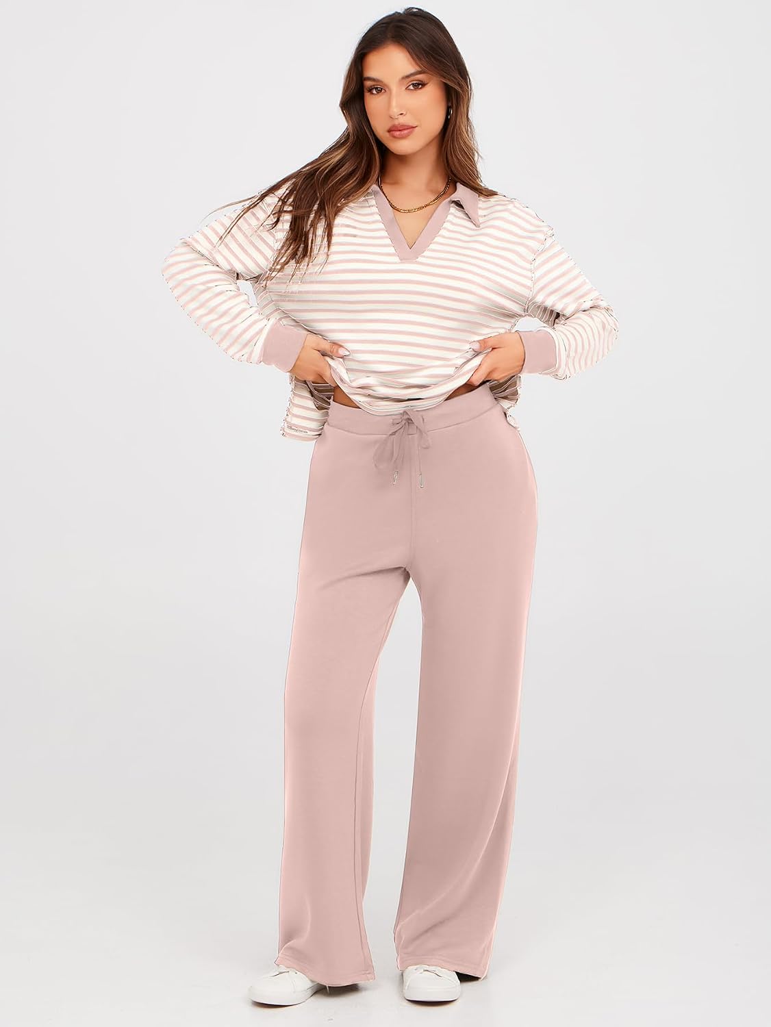 Glamaker Women's 2 Piece Sets Outfits Casual Long Sleeve Sweatsuits Polo Top and Wide Leg Pants Matching Sets