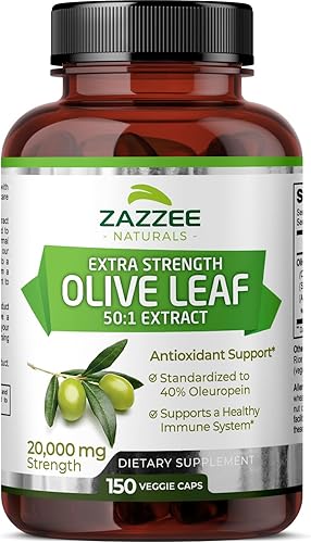 Zazzee Extracto de hoja de olivo extra fuerte 501, 20,000 mg de fuerza, 40% de oleuropeína, 150 cápsulas veganas, suministro de 5 meses, extracto