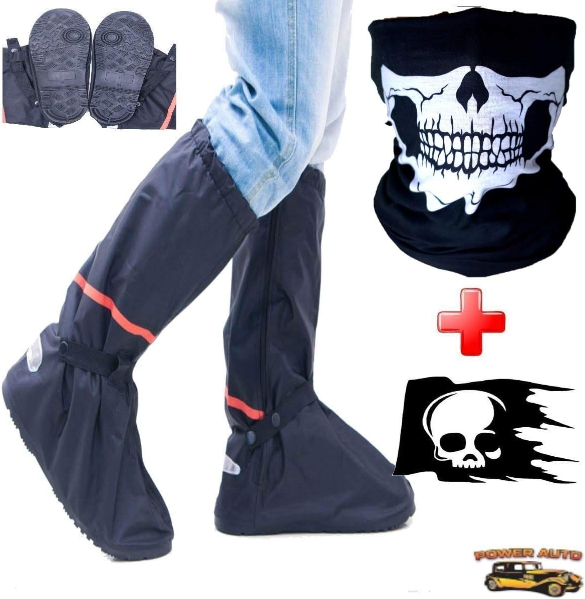 Motorcycle Boot Covers - Outdoor Protective Riding Rain Suit Gear Waterproof Weatherproof - Full Shoe Slip Over - Rainstorm Rainy Days Plus Skull Decal and Skeleton Riding Face Mask (M)