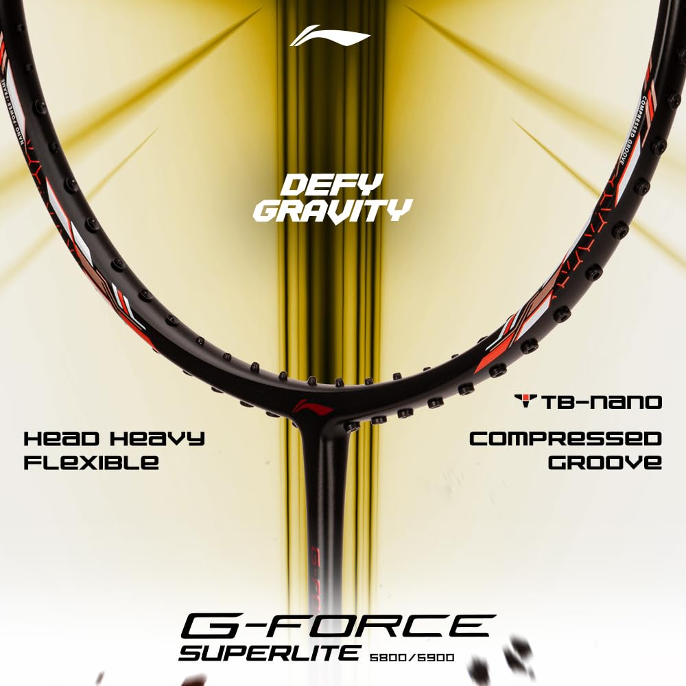 Li-Ning G-Force 5800 Superlite Strung Badminton Racquet with Free Head Cover| 78 Grams (Black/Yellow/Red) - Image 6 thumbnail