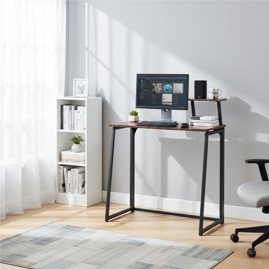 FurnitureR Posta di lavoro per computer pieghevole, con ripiano rialzato per schermo, per ufficio o sala studio, trasporto e ripostiglio, compatto e moderno industriale, 80 x 40 x 74 cm