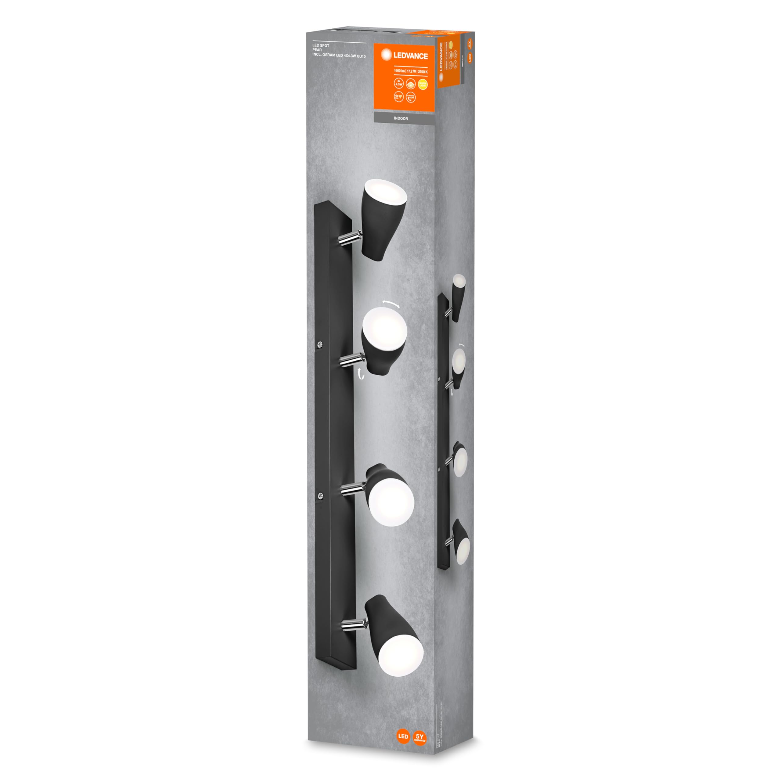 LEDVANCE LED Punktowe 600 mm, Czarny, 17.2 W, 840 LM, Oferuje Ukierunkowane Światło o Ciepłym Białym Jasnym Kolorze, z Elastycznym Światłem Reflektorów Gu10, 2700K