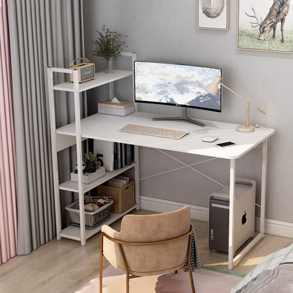 ZUIHAO Computer Desk with Storage Shelves,White Wooden Study Table with Bookshelf,100 * 55cm,Modern Gaming Table PC Laptop Desk for Home Office
