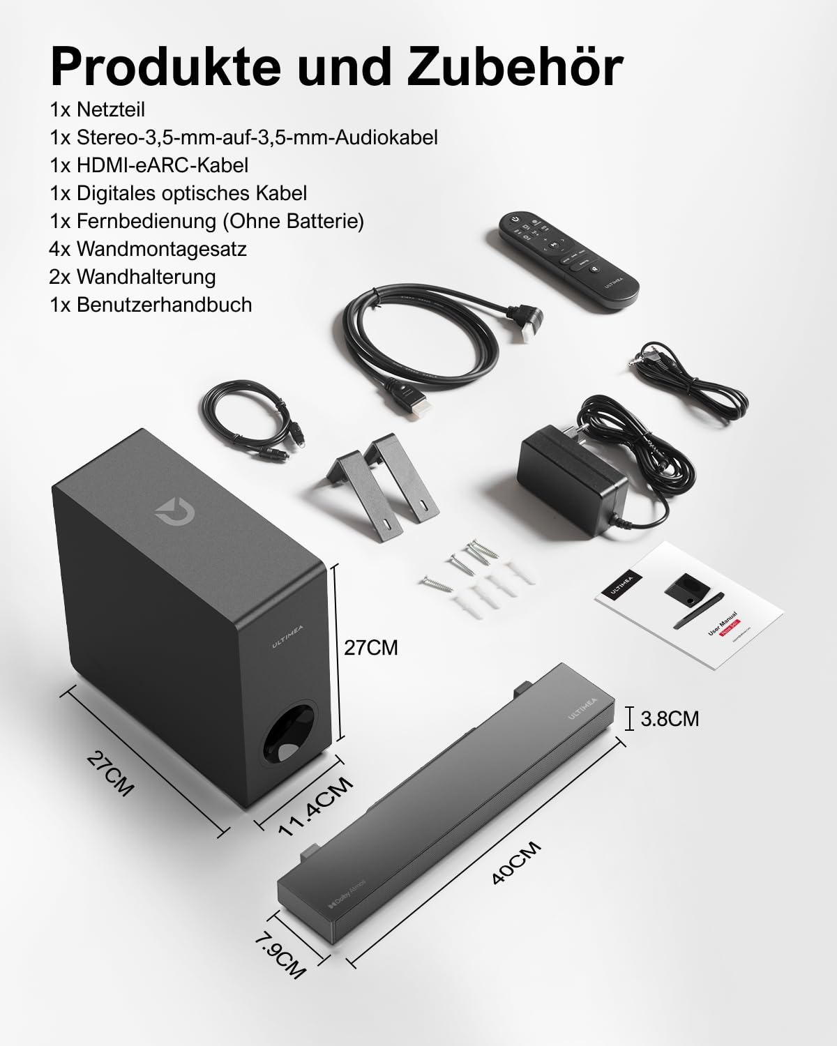 ULTIMEA Soundbar für TV Geräte mit Dolby Atmos, BassMX, 3D Surround Sound System für TV Lautsprecher Heimkino, Soundbar mit Subwoofer, 5.3 Bluetooth PC Sound Bars, 190W Spitzenleistung, Nova S50