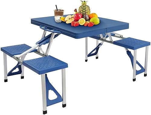 Mesa de picnic plegable portátil de madera para jardín al aire libre, con 4 asientos, aluminio y ABS, estilo bosque, juego de jardín, ligero, fácil