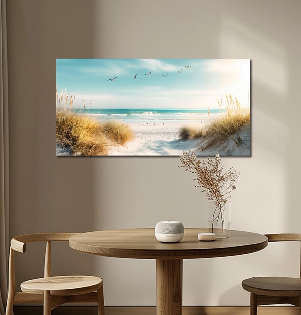 Beach Canvas Wall Art Decor Ocean Pictures Prints for Living Room Coastal Path Painting Seascape Artwork Sea Reeds Landscape for Bedroom Bathroom Home Office Decorations(20"*40")
