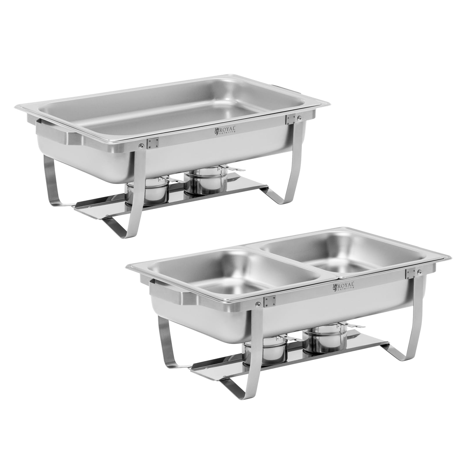 Royal Catering Chafing Dishes 2er-Set jeweils 7,5 l klappbare Gestelle 2 x GN 1/1 4 Brennstoffbehälter polierter Edelstahl Rechaud Wärmebehälter Buffet Speisewärmer