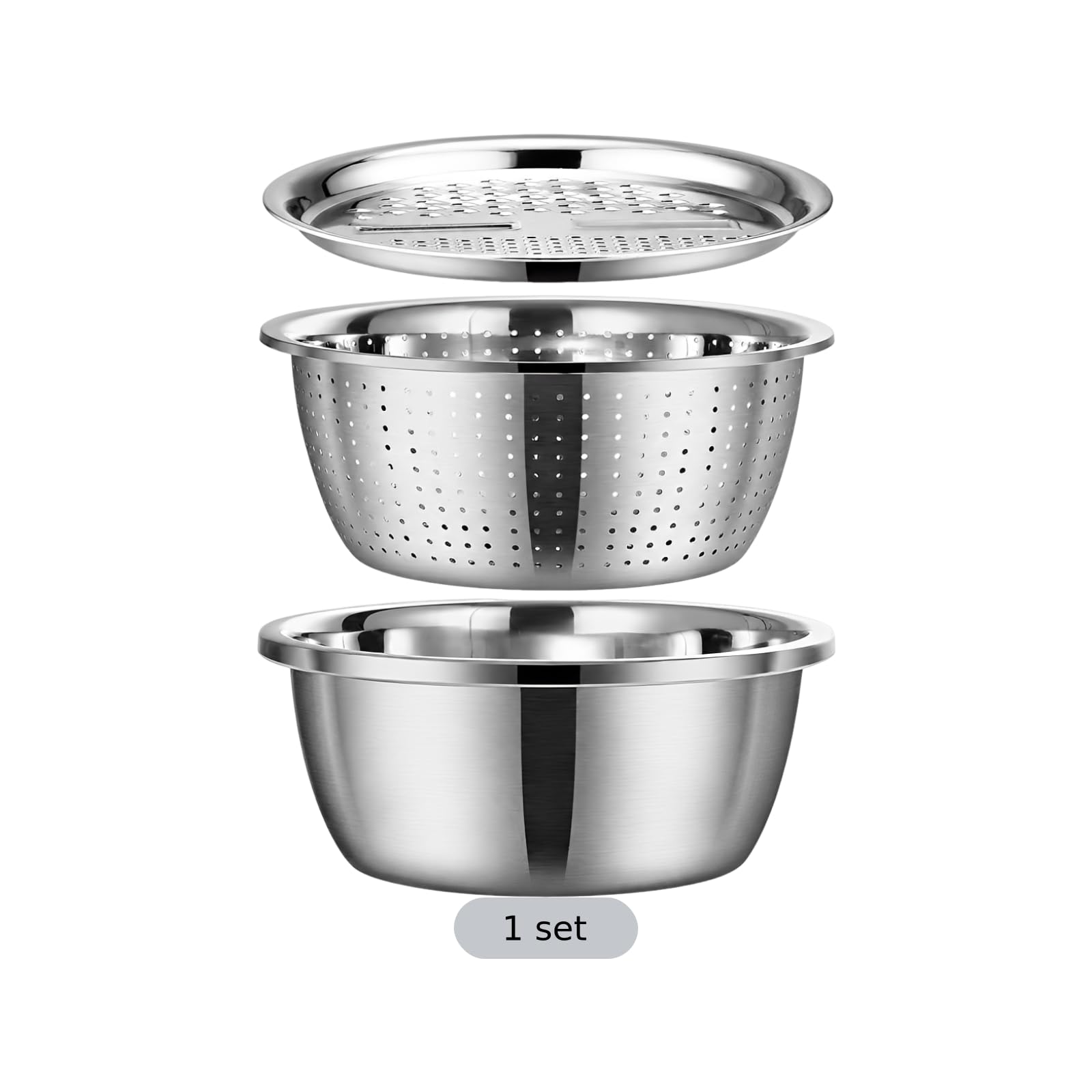 3-in-1 Edelstahl-Reibeset, 10,2 Zoll multifunktionales Küchen-Set aus Edelstahl mit Schneiddeckel, Abtropfsieb und Rührschüssel, stapelbar, spülmaschinengeeignet, zum Waschen und Abtropfen von Obst