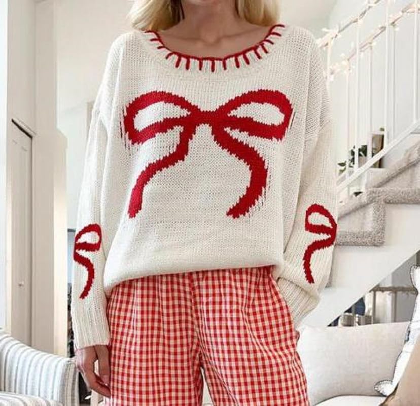 Image of SOOKABEILA Women Y2K Graphic Sweater Top Long Sleeve Knit Print Pullover Oversized Loose Aesthetic Fall Sweatshirt