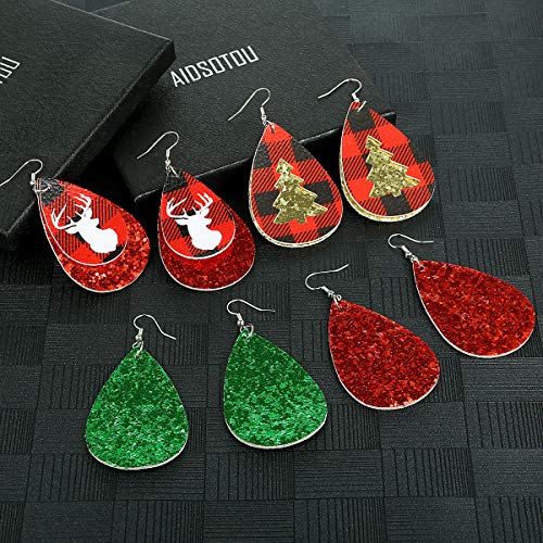 Christmas Faux Leather Earrings for Women Teardrop Dangle Earrings Plaid Petal Drop Earring Xmas Jewelry Accessory Gifts 16 Pairs (Christmas set) - Image 5