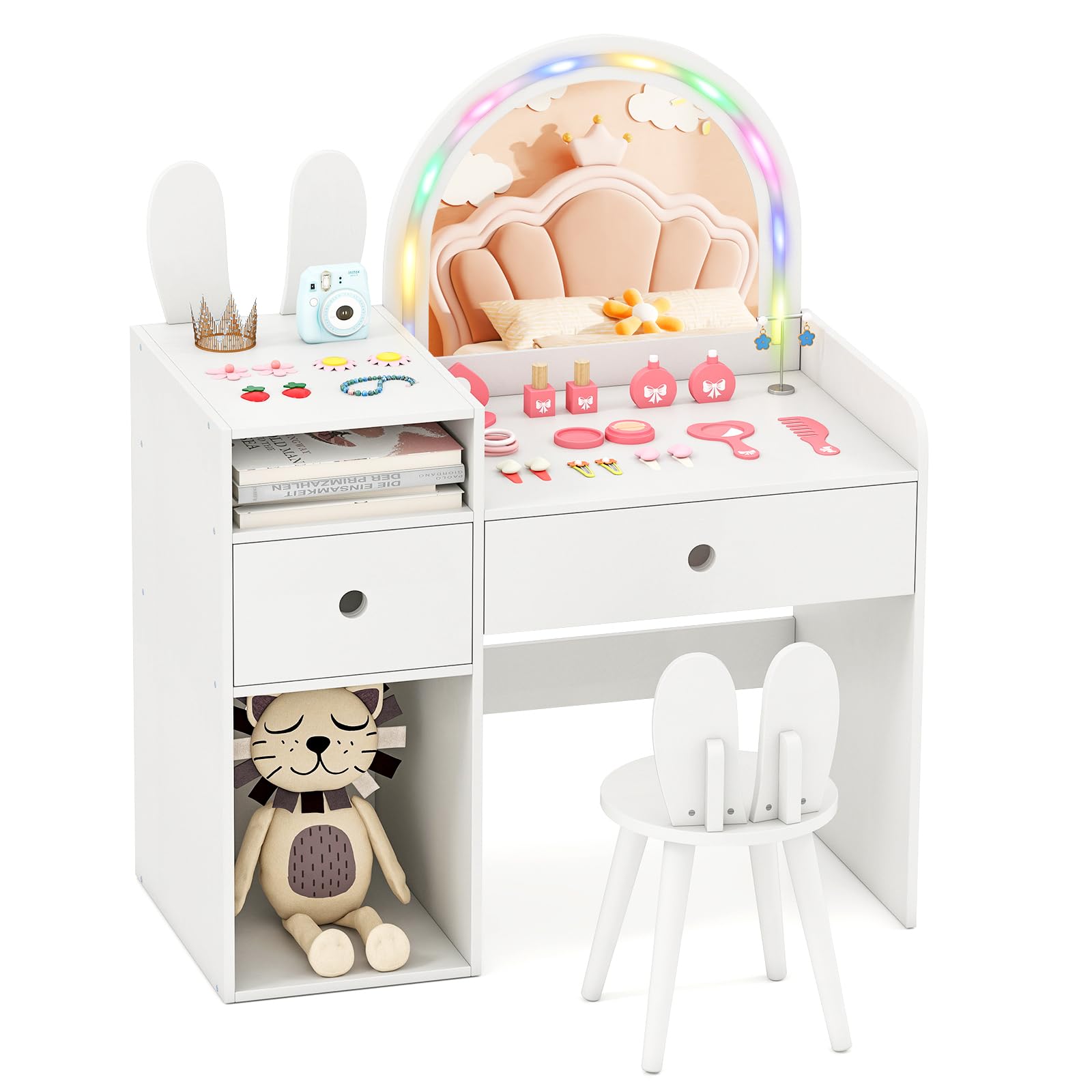 Costzon Kids Vanity, Girls Vanity Set with Mirror and Stool and Lights, Drawers &amp; Storage Compartments, Toddler Makeup Vanity Desk Dressing Table, Wooden Kids Vanity Table and Chair Set (White)