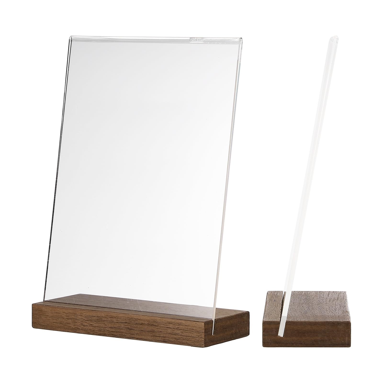 PATIKIL 6" x 8" Acrylic Sign, 2Pcs L-Shape Acrylic Sign Holders with Wood Base Slant Back Design A5 Clear Table Display Menu Paper Stand Holder for Wedding Store Office Hotel