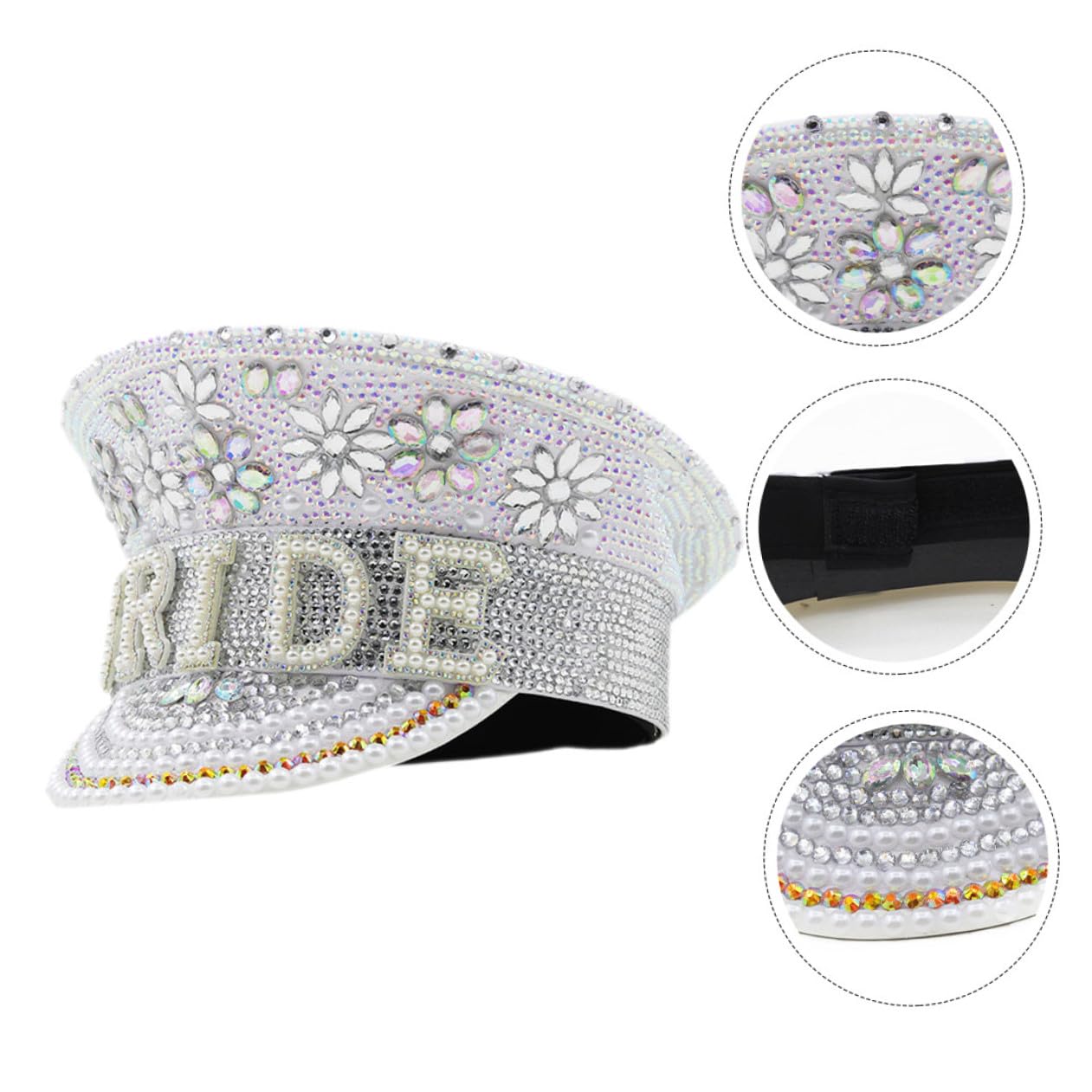 SEWACC Sombrero de Novia Color Claro con Gemas de Imitación, Talla Única Ajustable, Sombrero de Fiesta para Despedida de Soltera y Boda, Accesorio Ligero y Brillante para Fotografía