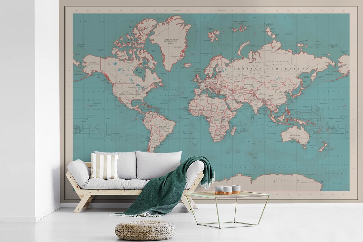 Selbstklebend Tapete Wandpapier Wandaufkleber Fototapete Tapeten Wanddeko 330x220 cm Weltkarte - Vintage - Atlas - Kinder - Jungen - Mädchen
