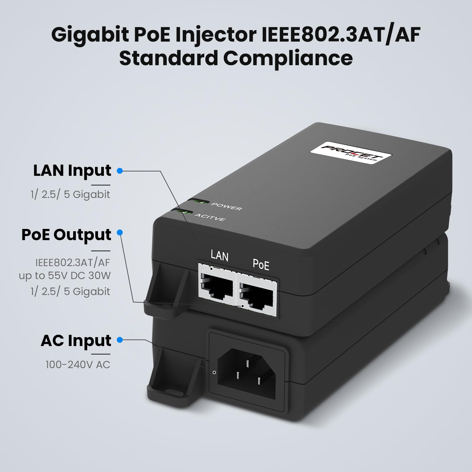 PROCET Zasilacz PoE 5 Gigabit 55V 30W, zgodny ze standardem IEEE802.3AT, zasilacz PoE+ do urządzeń eero PoE 6/7, UniFi U7 Pro, U6 Enterprise,Cisco Wireless AP, G5/G6 Pro AI Turret kamer IP