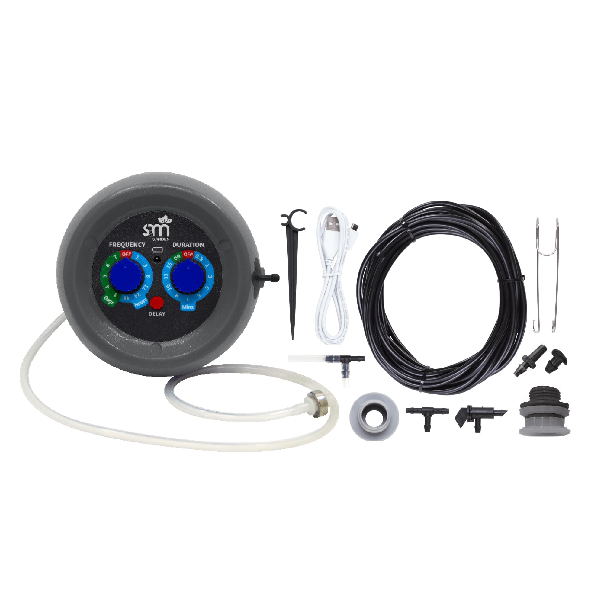 S&M 590146 – Kit de riego automático por goteo con unidad de control programable, cable de carga, tubo de PVC de 10 m, 10 goteros, 10 estacas y otros accesorios | Fácil de instalar y personalizable