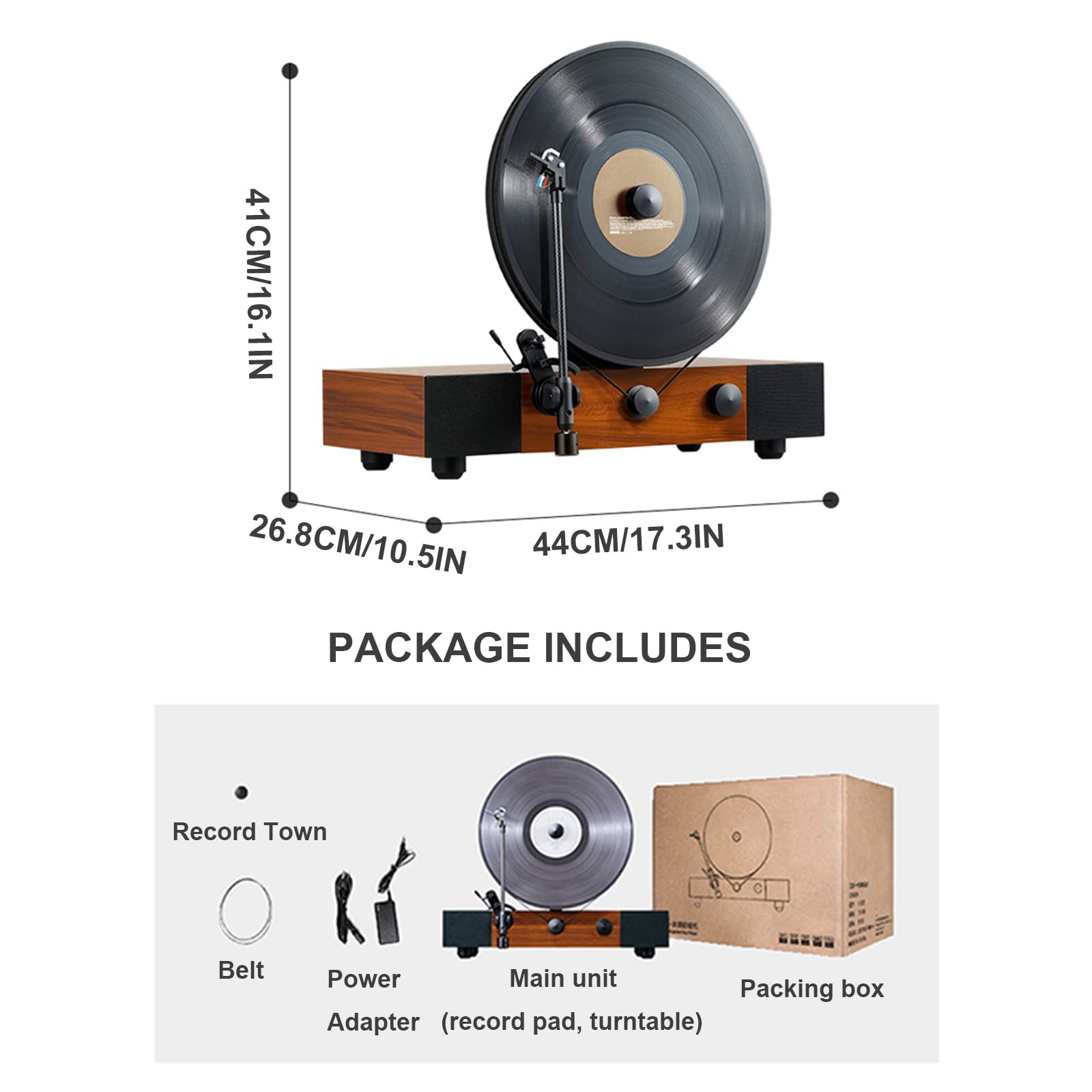 Pionowy zintegrowany odtwarzacz płyt winylowych, odtwarzacz audio 33/45 Bluetooth z podwójną prędkością, obsługa płyt 10" i 12", kolor brązowego drewna