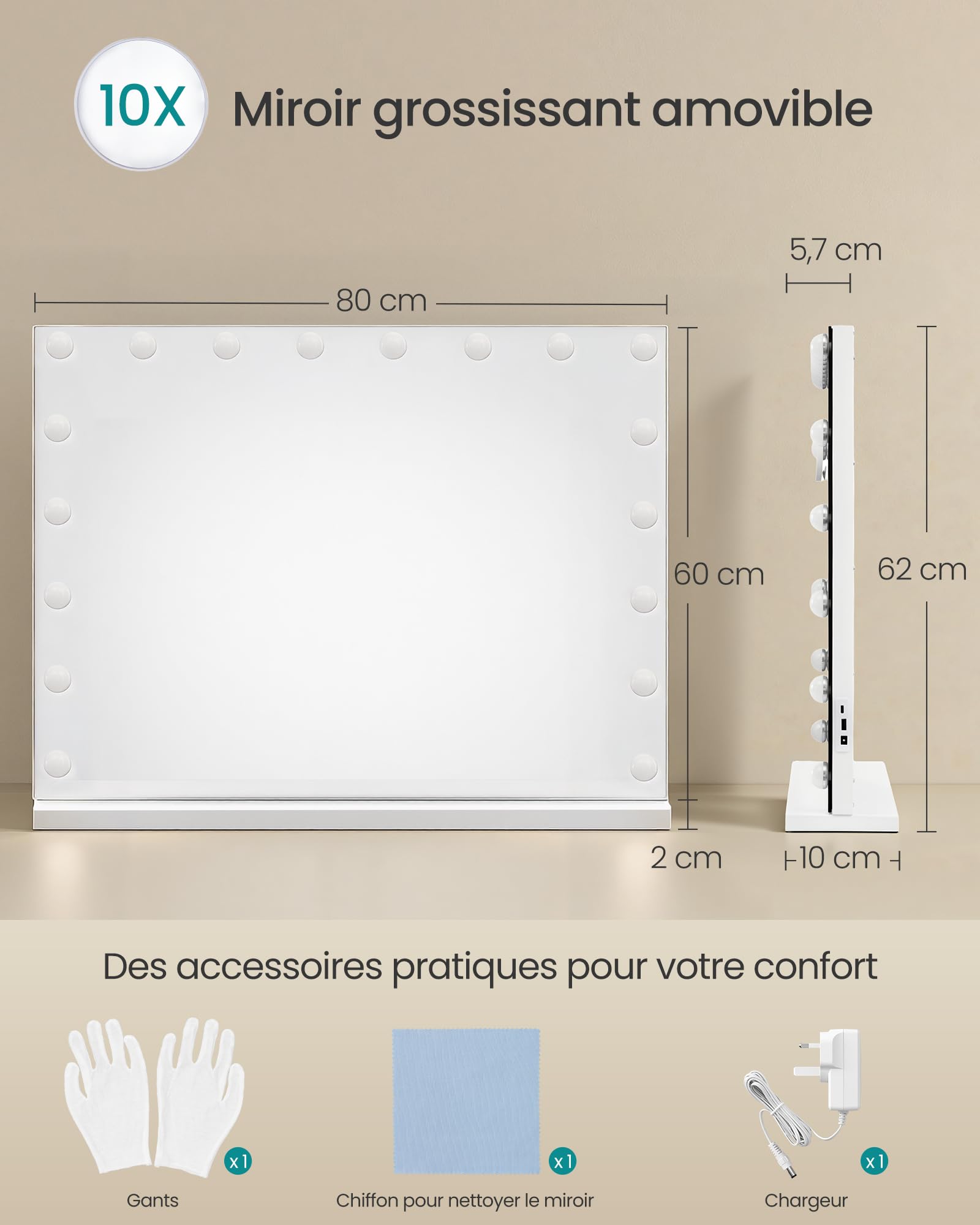 SONGMICS Miroir de Maquillage Lumineux pour Coiffeuse, avec 18 Ampoules LED, 3 Couleurs, Miroir Grossissant x10, USB, Mural ou de Table, 62 x 80 x 5,7 cm, Blanc Mat, Collection Berit LWM223WC02