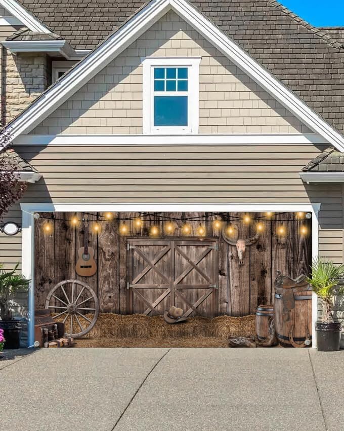 8X6ft Rustic Wood Garage Door Banner, Wood Barn Door Garage Door Backdrop Brown Wooden Garage Door Cover, Western Cowboy Photography Background Birthday Party Baby Shower Party Decor Banner
