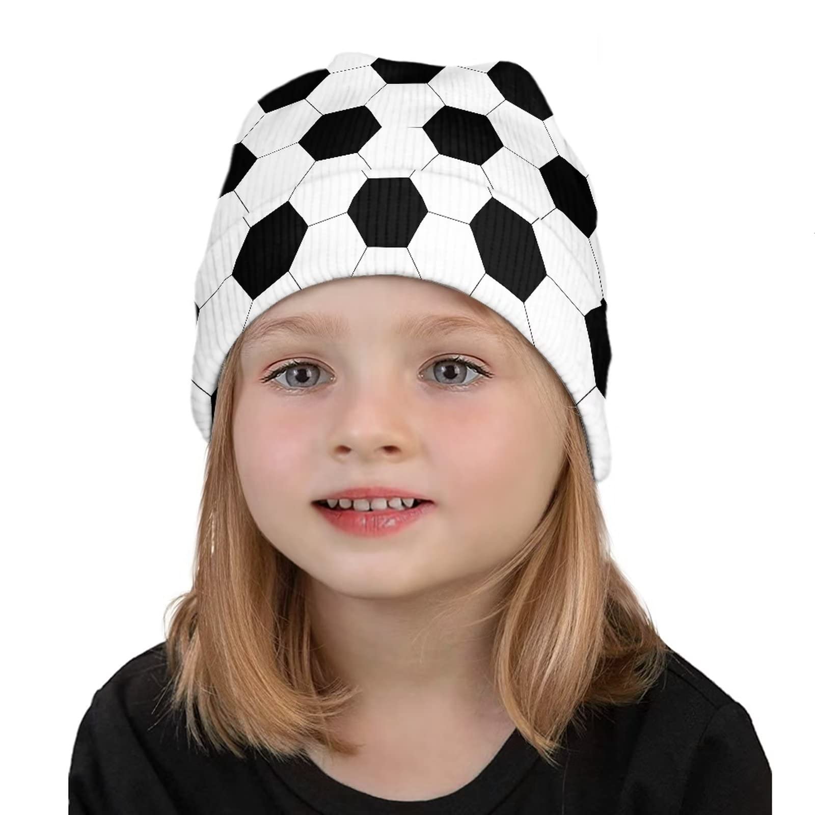 Biyejit Soccer Pattern Kids Beanie Hat Football Printed Winter Hats Elastic Hiking Skating Hat Comfortable Knitted Beanie Caps for Girls Boys