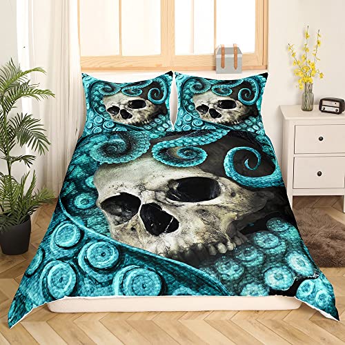 Feelyou Octopus Duvet Cover Set Queen Size 3D Print Skull Bedding Set Blue Decorative Luxury Horror Microfiber Polyester Comforter Cover With 2 Pillow Shams, Zipper, Marine Life, 3 Pieces #TOP2