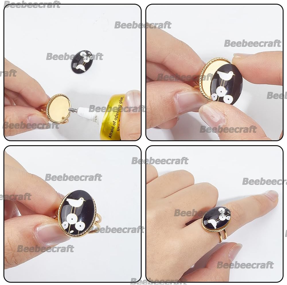 Beebeecraft 1 Box 8Pcs Cabochon Ring Settings 18K Gold Plated 304 Stainless Steel Adjustable Blank Finger Ring Bezels Components Base with Round Tray Pad for Jewelry Making DIY Crafts