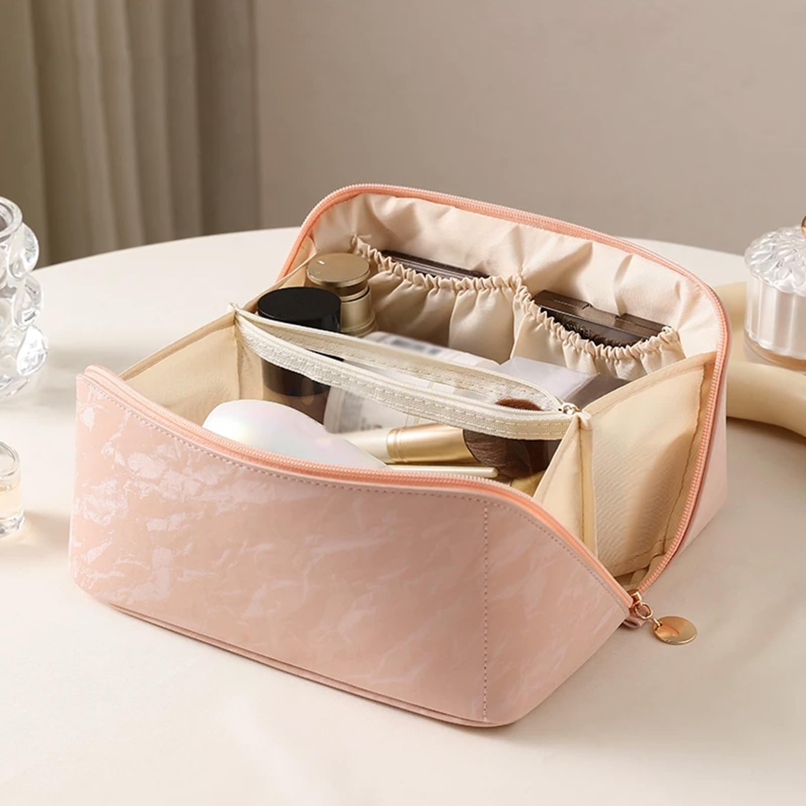 Impermeabile Beauty Case per Organizzare Oggetti, Borsa da Viaggio Appendibile con Manico, 7 Scomparti, Fessure per Rossetto, Tasche Interne Fisse Evitare Spostamenti(White)