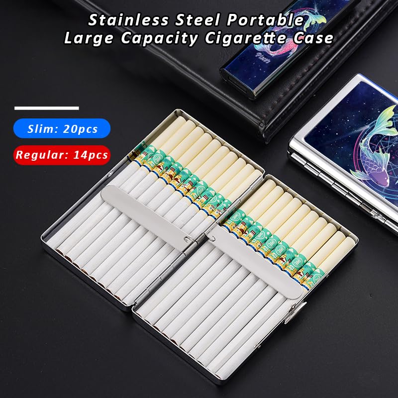 Metal Cigarette Case Double Sided Spring Clip Open Pocket Holder for Regular King and 100's Size Come with Cigarette Filter & Tungsten Wire Lighter 3 in 1 Luxury Set (Gemini)