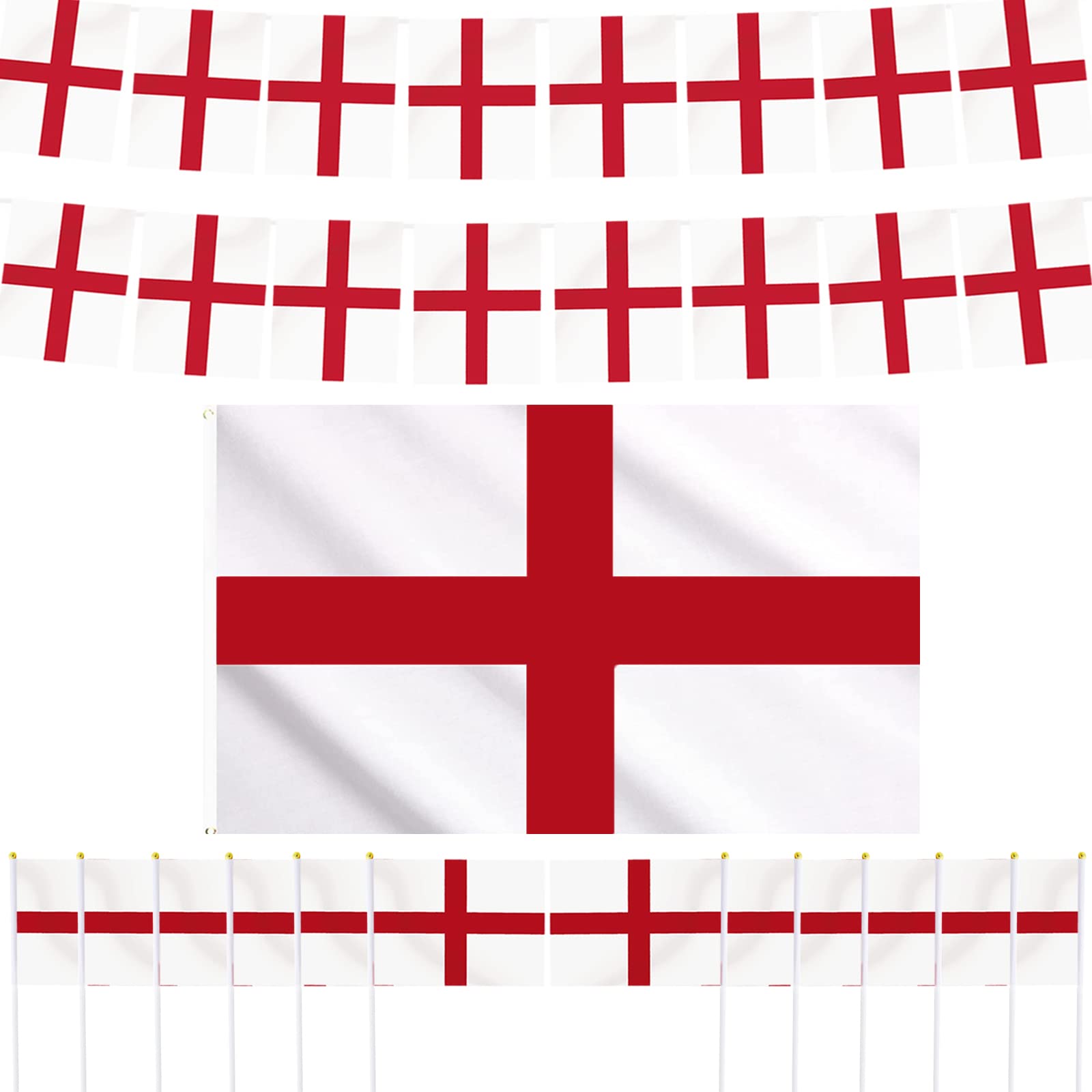 AhfuLife Set di bandierine dell'Inghilterra di San Giorgio per decorazioni europee 2024, bandierine dell'Inghilterra da 12 m, 12 piccole bandiere portatili e bandiera dell'Inghilterra 1,5 x 0,9 m per
